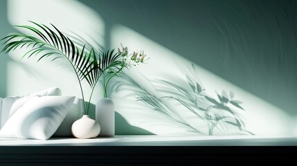   A pair of white vases on a table with a plant and view of the window