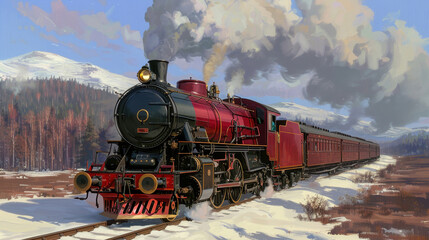 Obraz premium A vintage steam train travels through a snowy landscape, showcasing classic design and majestic scenery.