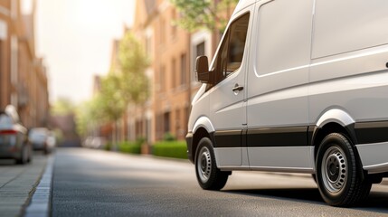 A delivery van with branding parked on a residential street, high resolution, with copy space, high-resolution photo, realistic photo