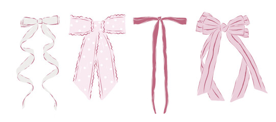 Set of four vintage pink bows with different ribbon styles isolated on a white background. Vector illustration of cute girly hair accessory