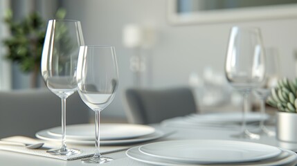 A detailed shot of a dining table set for dinner, with plates, silverware, and wine glasses, with copy space, high-resolution photo, realistic photo