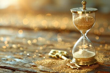 An hourglass with sand flowing into a section that forms the shape of a key, representing time leading to success