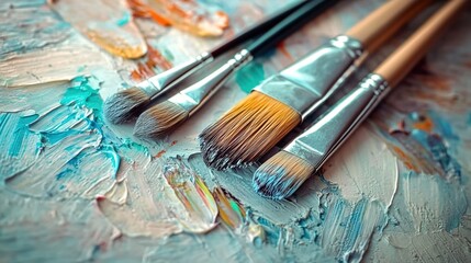 Fototapeta premium A close-up of paintbrushes and palette, with the background blurred to emphasize their texture and use in art creation. 