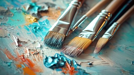 Fototapeta premium A close-up of paintbrushes and palette, with the background blurred to emphasize their texture and use in art creation. 