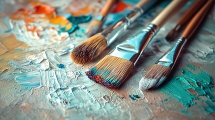 Fototapeta premium A close-up of paintbrushes and palette, with the background blurred to emphasize their texture and use in art creation. 