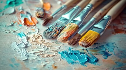 Obraz premium A close-up of paintbrushes and palette, with the background blurred to emphasize their texture and use in art creation. 