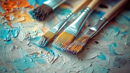 A close-up of paintbrushes and palette, with the background blurred to emphasize their texture and use in art creation. 