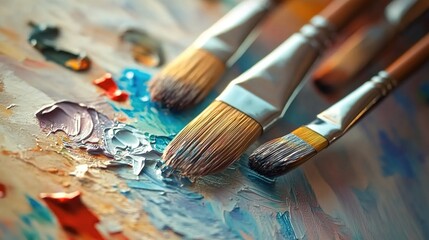 Fototapeta premium A close-up of paintbrushes and palette, with the background blurred to emphasize their texture and use in art creation. 