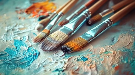 Obraz premium A close-up of paintbrushes and palette, with the background blurred to emphasize their texture and use in art creation. 
