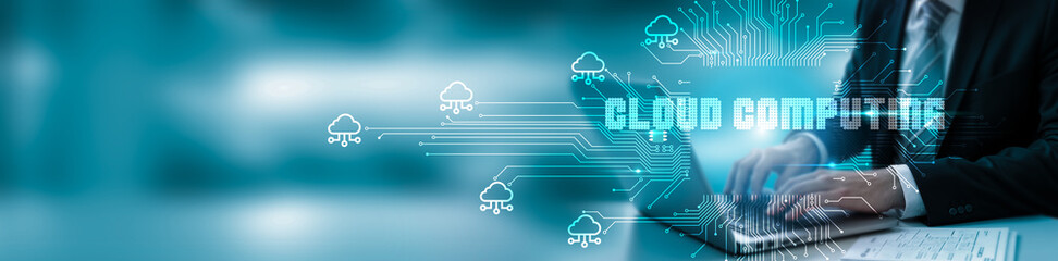 Hand touching laptop network connection on servers, data centers, AI, cybersecurity, IoT, and edge computing, showcasing technology and futuristic innovations, all powered by cloud computing.