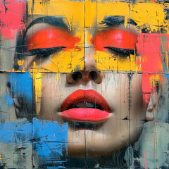 A woman's face is painted with bright colors and is cut into pieces