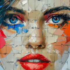 A woman's face is painted with bright colors and has a red lip