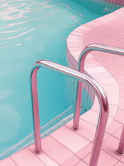 Curved pastel pink poolside tiles paired with shimmering blue water. An elegant modern poolscape blending sleek design with retro aesthetics.