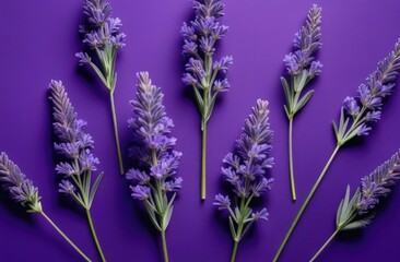 Obraz premium Lavender flowers on purple background. View from above.