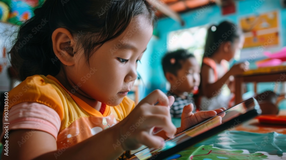 Poster a child focuses intently on a tablet, participating in an educational activity within a vibrant clas