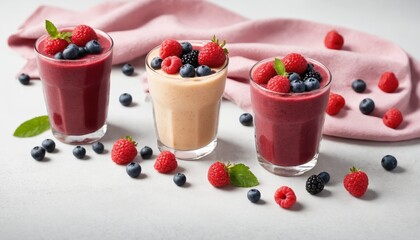A refreshing trio of summer berry smoothies with straws and fresh fruit garnishes