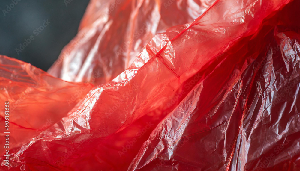 Aufkleber Close-Up of Crumpled Red Plastic Sheet with Translucent Texture and Reflective Surface Wrinkles and Creases