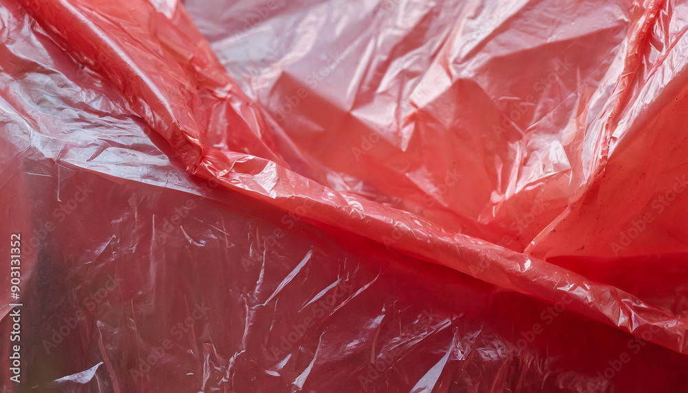 Aufkleber Close-Up of Crumpled Red Plastic Sheet with Translucent Texture and Reflective Surface Wrinkles and Creases