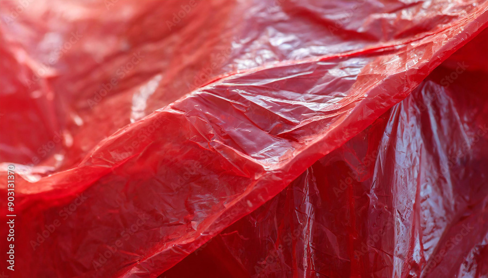 Aufkleber Close-Up of Crumpled Red Plastic Sheet with Translucent Texture and Reflective Surface Wrinkles and Creases