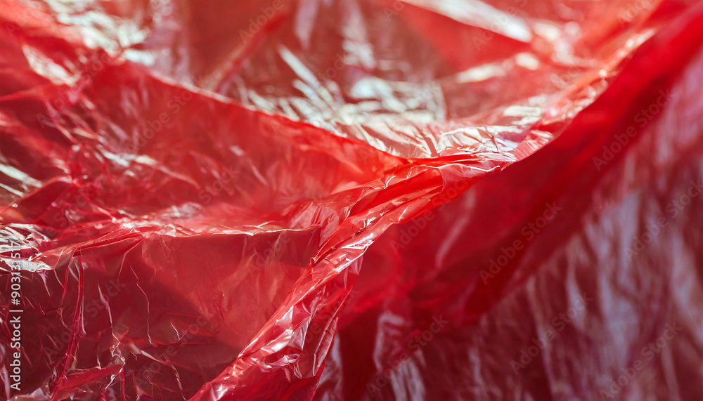 Leinwandbilder close-up of crumpled red plastic sheet with translucent texture and reflective surface wrinkles and 