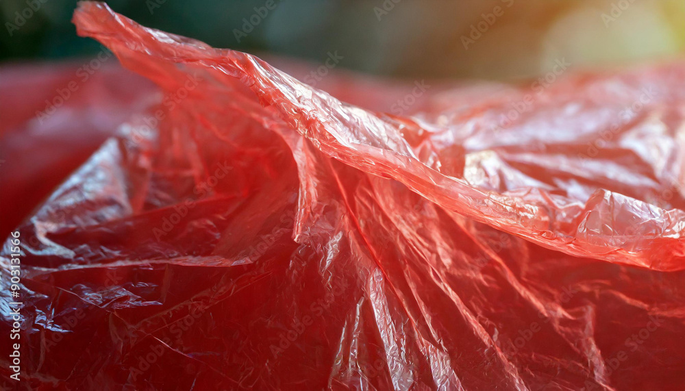 Poster close-up of crumpled red plastic sheet with translucent texture and reflective surface wrinkles and 
