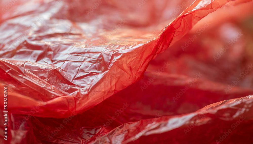 Poster close-up of crumpled red plastic sheet with translucent texture and reflective surface wrinkles and 