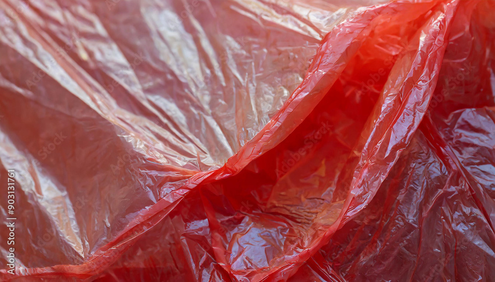 Poster close-up of crumpled red plastic sheet with translucent texture and reflective surface wrinkles and 
