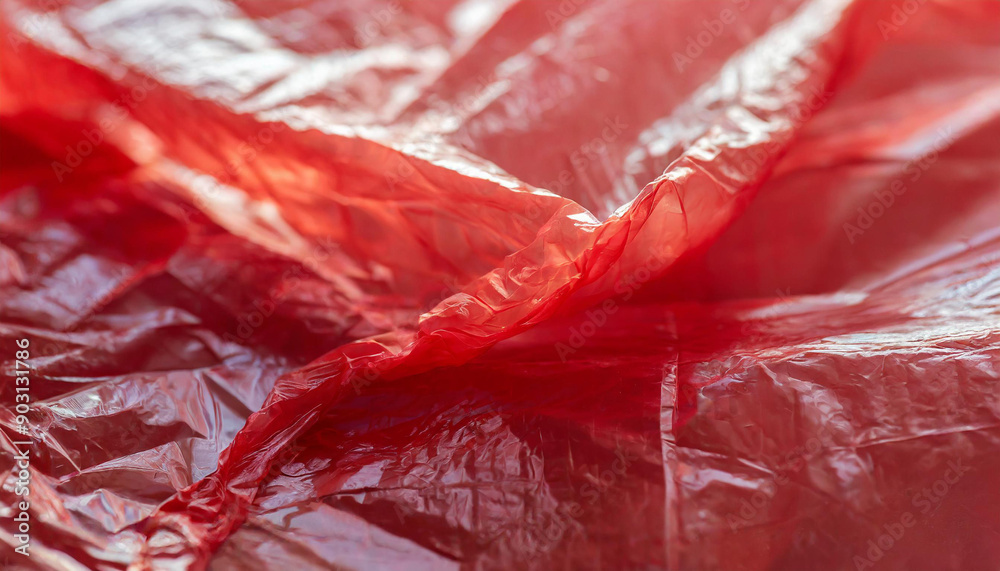 Poster close-up of crumpled red plastic sheet with translucent texture and reflective surface wrinkles and 