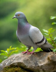 Obraz premium A serene photograph capturing a delicate gray pigeon standing gracefully atop a rugged rock