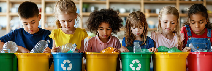 Children sorting recyclables. Kids learning about recycling and environmental conservation. Ideal for educational, environmental awareness, and sustainability campaigns, with bright background.