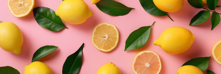 Obraz premium Fresh lemons and green leaves on pink background. A vibrant display of yellow lemons with green leaves and sliced lemons on a pink backdrop. Ideal for culinary, health, and marketing visuals