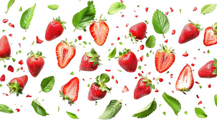 Fresh Strawberries and Mint Leaves Spread Out on a Black Background with Red Seeds
