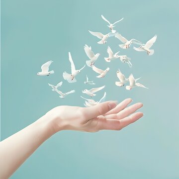 Hand Releasing Flock of Idea Birds into the Light Blue Sky