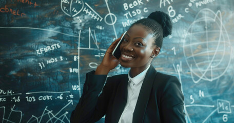 A young happy African-American female group leader teaching a computer science class. Video lesson at school, recorded on a smartphone. Online studying. Copy space