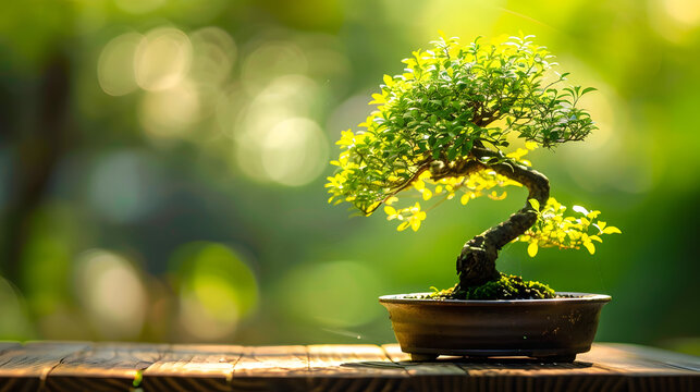 A Bonsai tree. the bonsai is placed on top of a wooden table with a green background 
