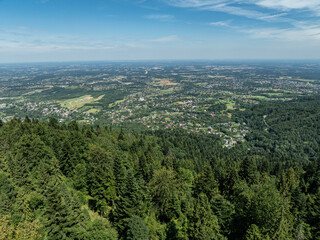 Stunning Aerial Drone View of Summer Green Forests in the Beskid Mountains, Bielsko Biala, Magurka Wilkowicka. Beskid summer mountains panorama.
