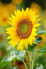 Obraz premium A close-up shot of a single yellow sunflower standing tall in a field, capturing the essence of summer with vivid detail and natural beauty.