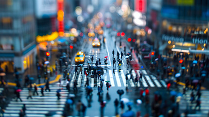 Obraz premium A bustling street scene in the rain. captured from an overhead perspective with tiltshift photography 