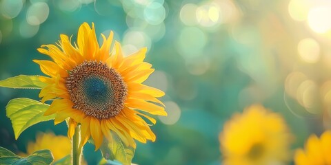 Obraz premium A sunflower with a natural bokeh background effect, capturing the essence of nature's beauty and radiance in soft sunlight.