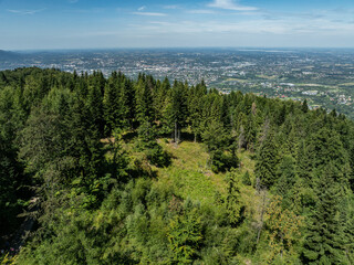 Stunning Aerial Drone View of Summer Green Forests in the Beskid Mountains, Bielsko Biala, Magurka Wilkowicka. Beskid summer mountains panorama.