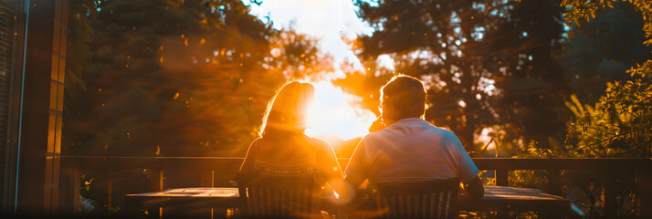 A Chinese couple. with the sunset shining on their faces and sitting at an outdoor dining table in front of them 