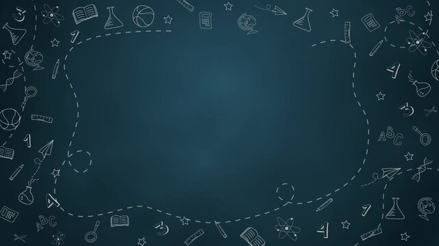 Back to school. Abstract blackboard. Blue board with hand-drawn chalk school supplies frame. Concept of education. Loop animation. Copy space.