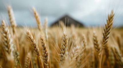 Fototapeta premium A detailed close-up of wheat stalks in focus, with a blurred barn in the background and a cloudy sky, depicting a serene rural farming landscape.
