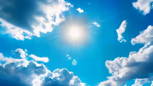angle of elevation, close-up sunlit blue sky with rolling clouds 