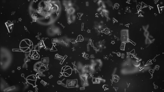 Flying hand-drawn sketches of school-themed icons. Looped animation on a black background.