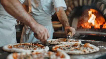 Two chefs are actively slicing freshly made pizzas in a traditional kitchen, demonstrating teamwork and emphasis on delivering hot and delicious meals with precision.