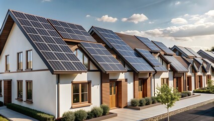 Fototapeta premium A row of Modern houses with solar panels on the roof. Alternative and Renewable energy concept. generative ai