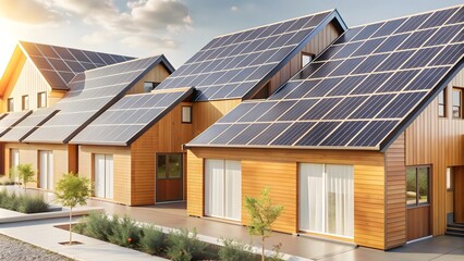 Fototapeta premium A row of Modern houses with solar panels on the roof. Alternative and Renewable energy concept. generative ai