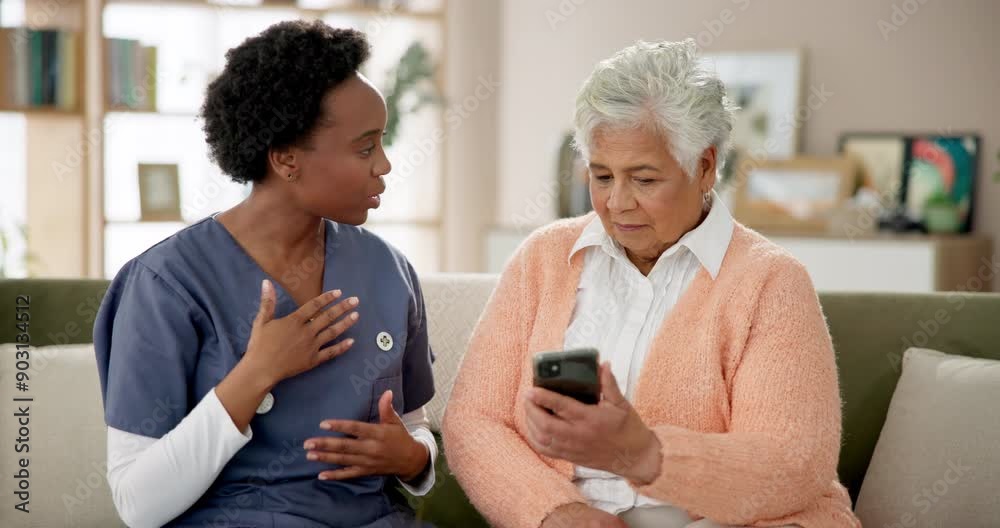 Wall mural Senior, woman and caregiver consulting with smartphone for explaining, tech assistance and teaching online features. Nurse, old person and internet for health and wellness app for medication reminder