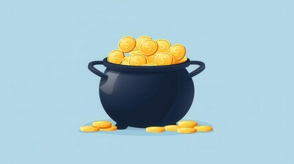 A vibrant illustration of a black pot overflowing with golden coins, symbolizing wealth and prosperity.